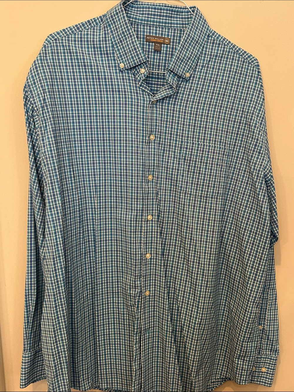 Peter Millar Teal and White Checked Button-Down Shirt